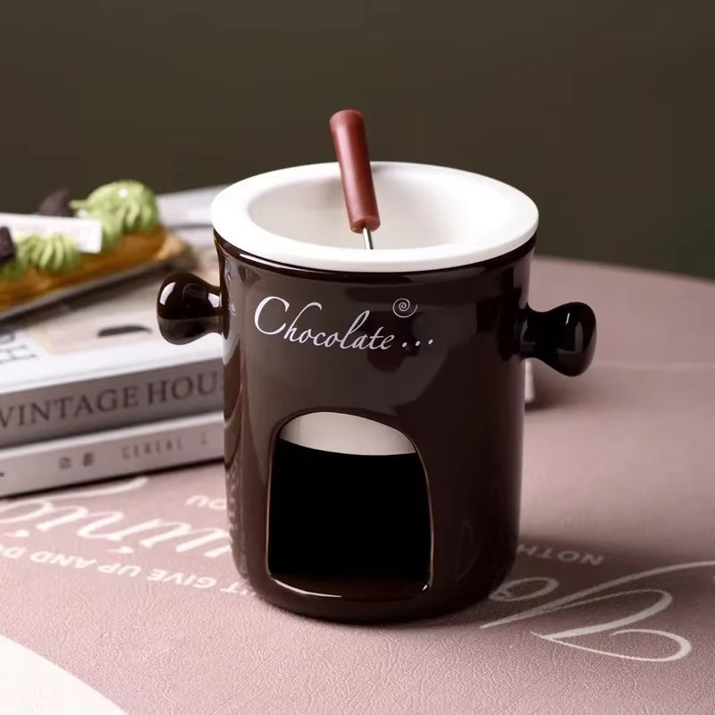 Hot Ceramic Chocolate Chafing Dish Cup with Fork Candle Pot Melting Chocolate Mug Tableware Creative Household Drinking Utensils
